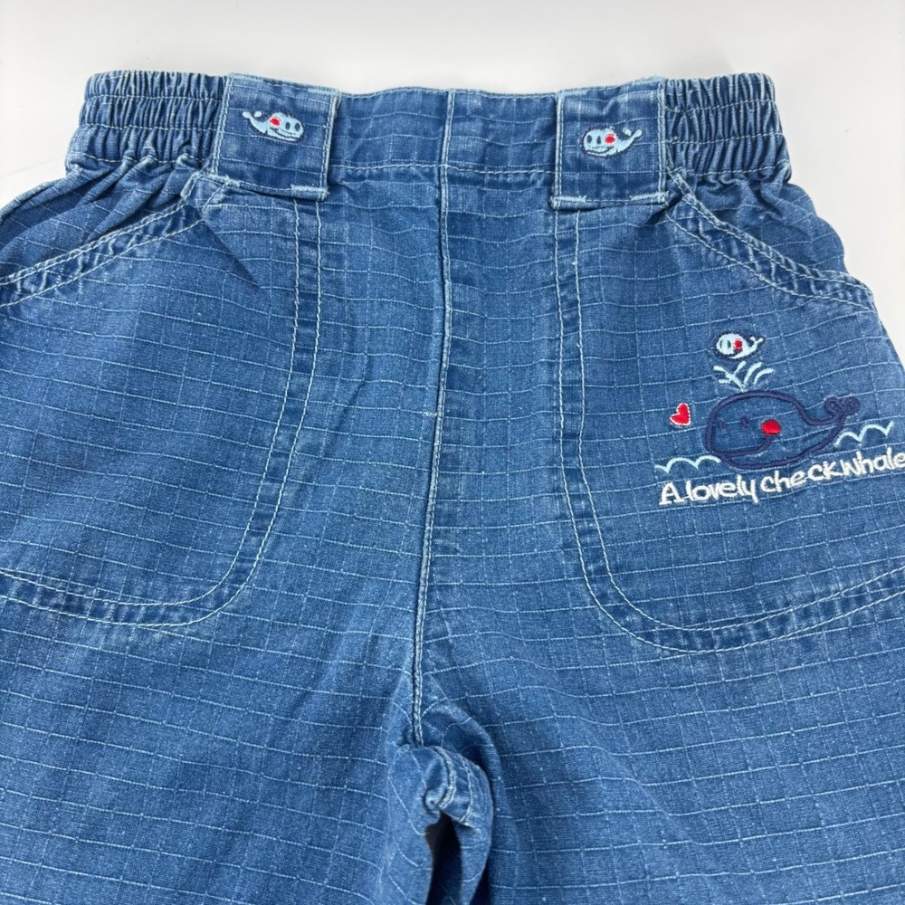 Birba Revello Italy Vintage Kids Whale Embroidered Grid Blue Cotton Pants 18in - Picture 2 of 7